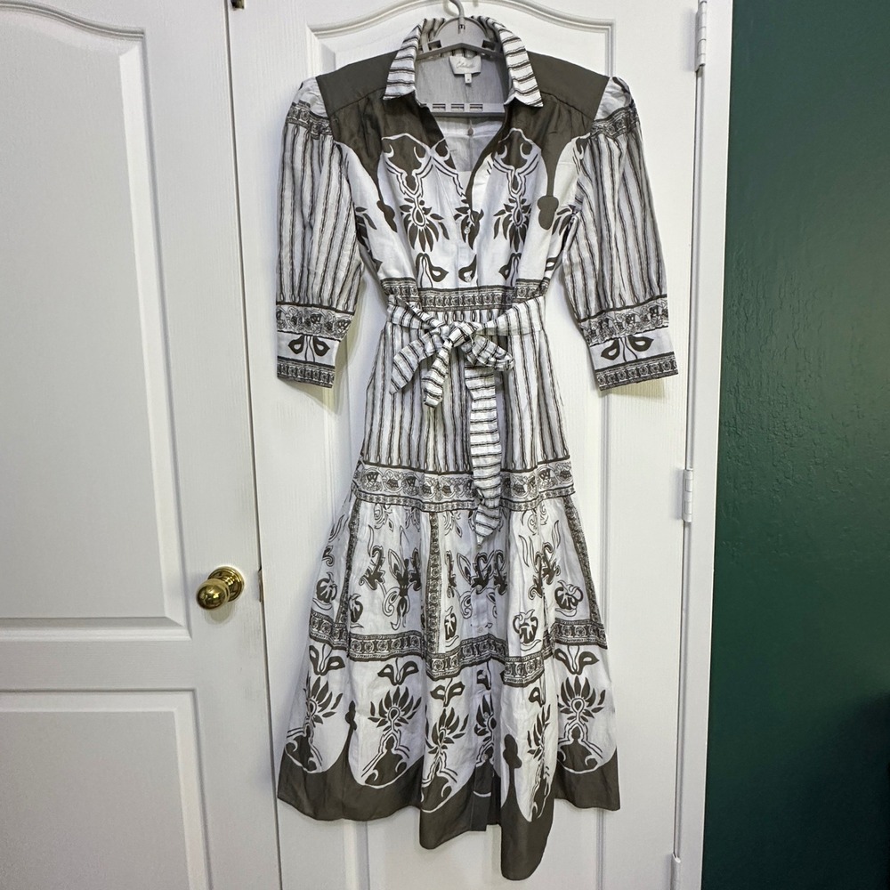 Cleobella Tavia Tiered Maxi Dress M Organic Cotton Sable Print Boho Cottagecore - Picture 11 of 12